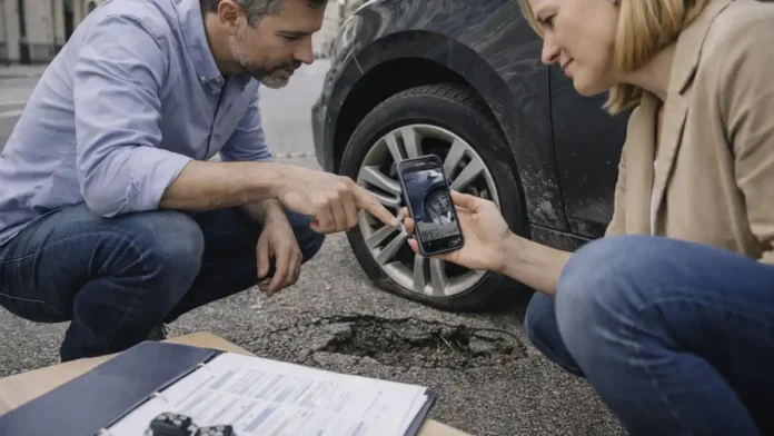 Дорожные ямы в Италии - водитель фиксирует повреждение колеса для компенсации Сцена на улице итальянского города после наезда на яму: водитель и спутница фотографируют дефект дороги и поврежденное колесо, без текста и логотипов, дневной свет