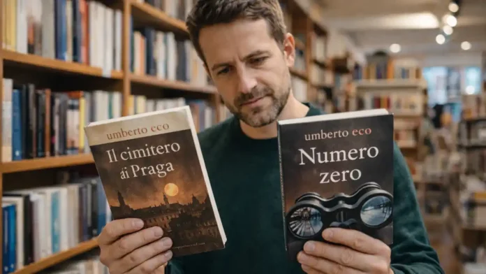 выбор книги в книжном магазине Турина Читатель выбирает книгу в уютной книжной лавке Турина, атмосфера интеллектуального чтения