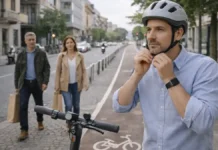 Электросамокат в Италии: правила, шлем, парковка и штрафы — полный гид 2026 Электросамокат в Италии: шлем и правила движения 2026 Городская улица в Италии днем, человек 25-45 лет надевает шлем перед поездкой на электросамокате рядом с велодорожкой