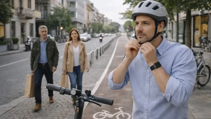 elektrosamokat-italia-pravila Электросамокат в Италии: шлем и правила движения 2026 Городская улица в Италии днем, человек 25-45 лет надевает шлем перед поездкой на электросамокате рядом с велодорожкой