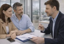 Налог IMU на недвижимость в Италии: кто платит, как считать и как не переплатить Налог IMU на недвижимость в Италии Турин, современный жилой квартал днем, пара изучает документы по квартире и расчет налогов, спокойная деловая атмосфера