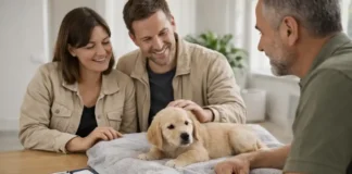 Купить собаку в Италии: документы, цены, приюты, риски и пошаговый план Купить собаку в Италии: семья выбирает щенка у заводчика Семья и заводчик в нейтральном интерьере, спокойный выбор щенка