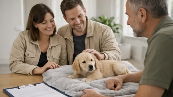 Купить собаку в Италии: семья выбирает щенка у заводчика Семья и заводчик в нейтральном интерьере, спокойный выбор щенка