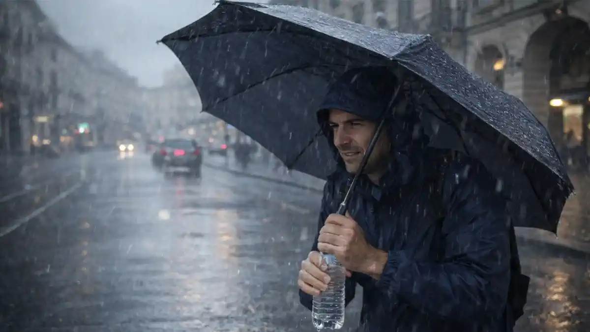 Погода в Италии: алерты и шторм Итальянский город в дождь и ветер, предупреждение по погоде, без текста и логотипов, реалистичная сцена.