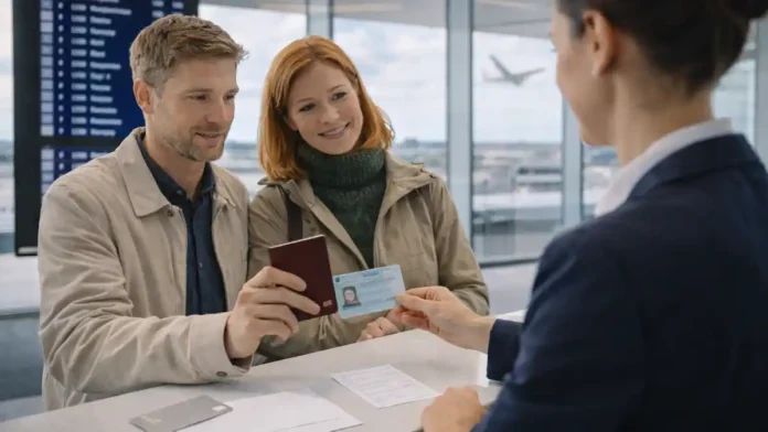 Поездка из Италии с ричевутой и видом на жительство проверка документов в аэропорту Путешественник в аэропорту Италии проверяет паспорт и карту вида на жительство перед вылетом, рядом лежит ричевута и билет, на табло видны рейсы по Европе