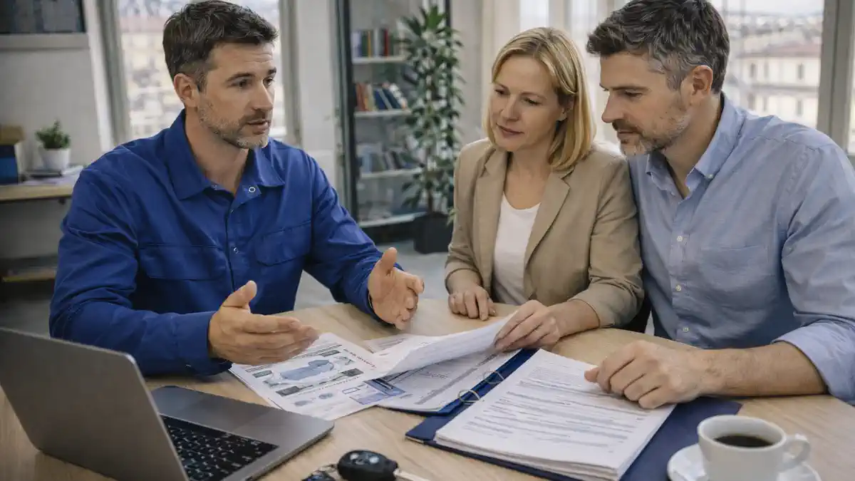 Дорожные ямы в Турине: компенсации и безопасность на дорогах Консультация водителей с экспертом по авто на фоне городских улиц Турина, спокойная деловая атмосфера, без текста и логотипов.