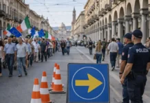 Протесты, манифестации и забастовки в Италии: гид и 5 последних громких акций Протесты и манифестации в Италии личная сцена в центре итальянского города во время мирной манифестации: люди с плакатами без читаемого текста, полиция на расстоянии, перекрытая улица и указатели объезда