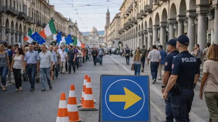 protesty-italia-hub Протесты и манифестации в Италии личная сцена в центре итальянского города во время мирной манифестации: люди с плакатами без читаемого текста, полиция на расстоянии, перекрытая улица и указатели объезда