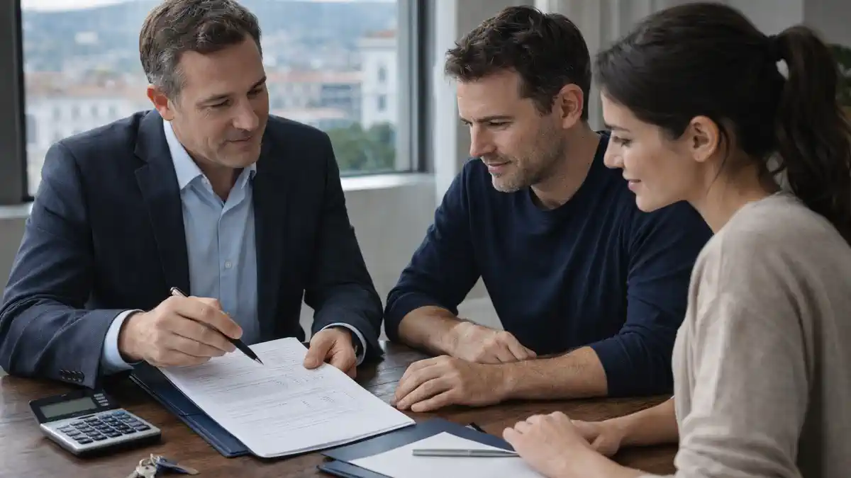 Просмотр квартиры в Турине перед арендой: пара и консультант обсуждают документы