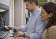 Revolut в Италии: карта, снятие наличных в банкомате, комиссии и лимиты Revolut в Италии: карта и снятие наличных в банкомате у банкомата в Италии: человек снимает наличные, в руке карта без читаемых данных, рядом смартфон с уведомлением