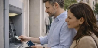 Revolut в Италии: карта, снятие наличных в банкомате, комиссии и лимиты Revolut в Италии: карта и снятие наличных в банкомате у банкомата в Италии: человек снимает наличные, в руке карта без читаемых данных, рядом смартфон с уведомлением