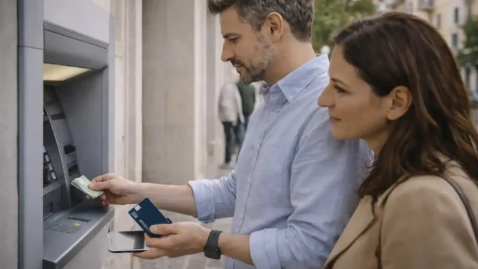 revolut-italia-karta-bankomat Revolut в Италии: карта и снятие наличных в банкомате у банкомата в Италии: человек снимает наличные, в руке карта без читаемых данных, рядом смартфон с уведомлением