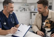 Ветеринар в Италии: цены, прививки, паспорт, экстренная помощь и как выбрать клинику Ветеринар в Италии: консультация для собаки и владельца кабинет ветеринара в Италии, врач объясняет план осмотра, рядом спокойная собака и владелец