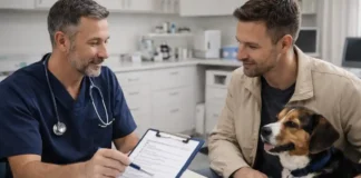 Ветеринар в Италии: цены, прививки, паспорт, экстренная помощь и как выбрать клинику Ветеринар в Италии: консультация для собаки и владельца кабинет ветеринара в Италии, врач объясняет план осмотра, рядом спокойная собака и владелец