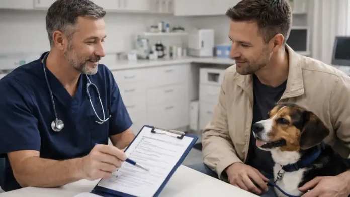 veterinar-italia-turin Ветеринар в Италии: консультация для собаки и владельца кабинет ветеринара в Италии, врач объясняет план осмотра, рядом спокойная собака и владелец