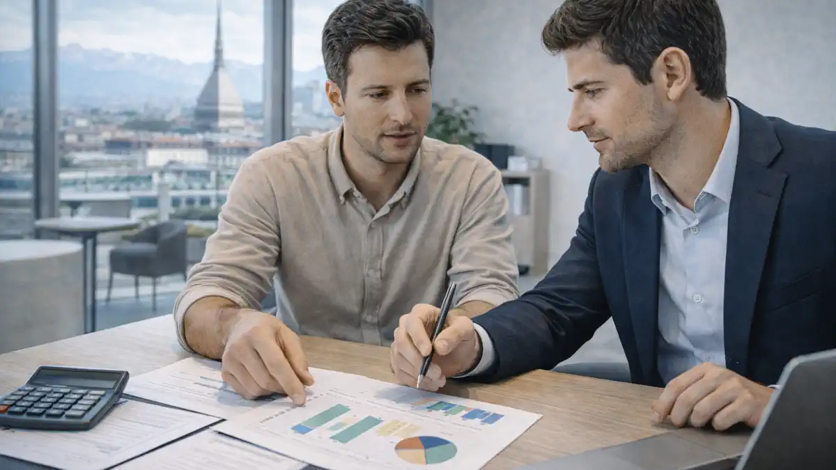 Unit-экономика и бизнес-план в Италии Современный рабочий стол предпринимателя в Италии с калькулятором