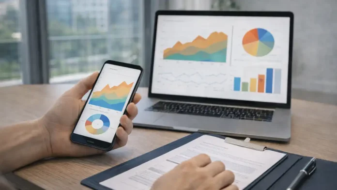 Криптовалюта в Италии в 2026: DAC8 и налоги в Италии: человек смотрит приложение с портфелем крипто на смартфоне, на столе ноутбук