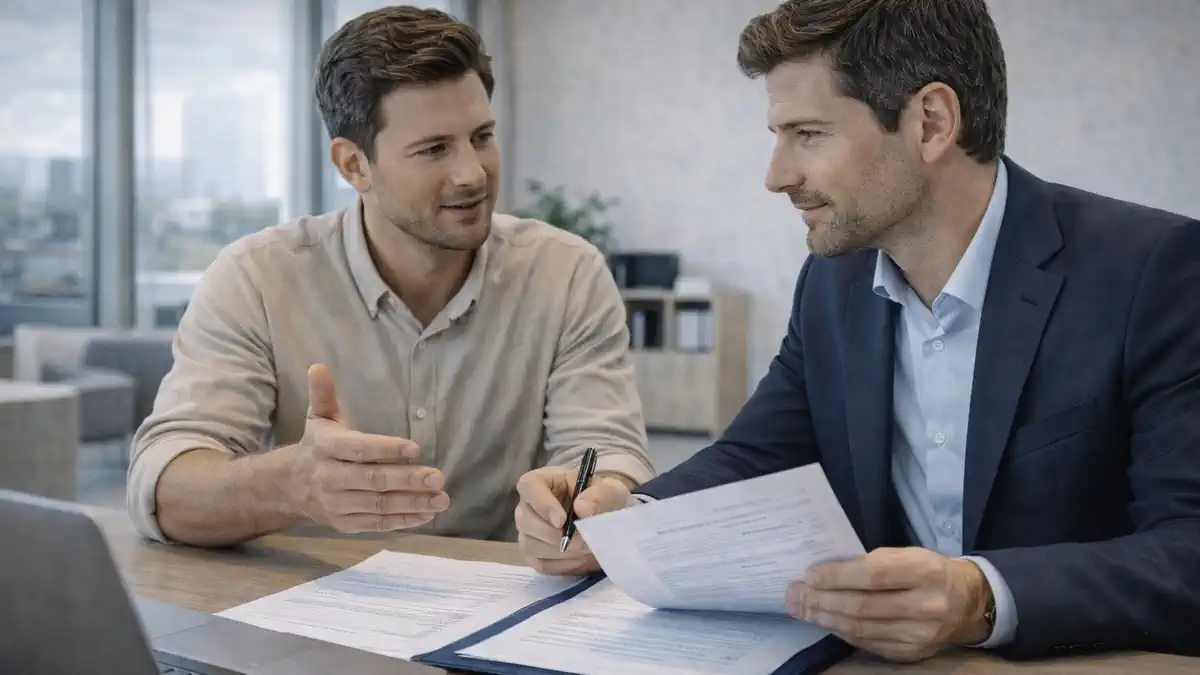 SCIA и разрешения для бизнеса в Италии Предприниматель и специалист готовят документы для SCIA в современном офисе в Италии