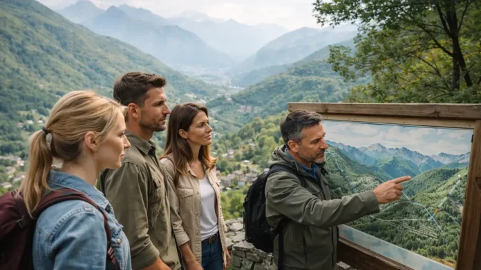 valdensy-valdenskiye-doliny-piemont Вальденские долины Пьемонта и история вальденсов Панорамный вид на альпийскую долину Пьемонта с небольшим городком и группой людей у инфо-стенда с картой маршрута, атмосфера спокойного путешествия и истории