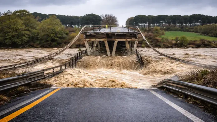 обрушение моста в Молизе Италия после сильных дождей и наводнения